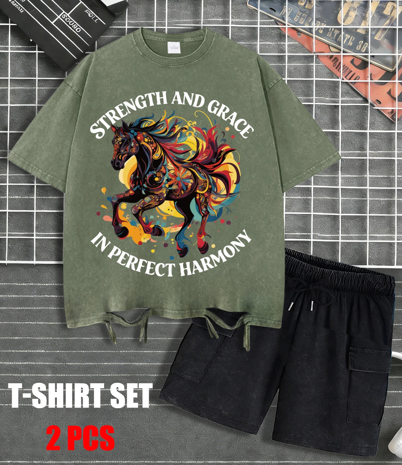 

Horse Strength And Grace In Perfect Mans T-Shirts Summer Washed T-Shirt Soft Loose Retro Shorts Unisex Fashion Cotton Streetwear