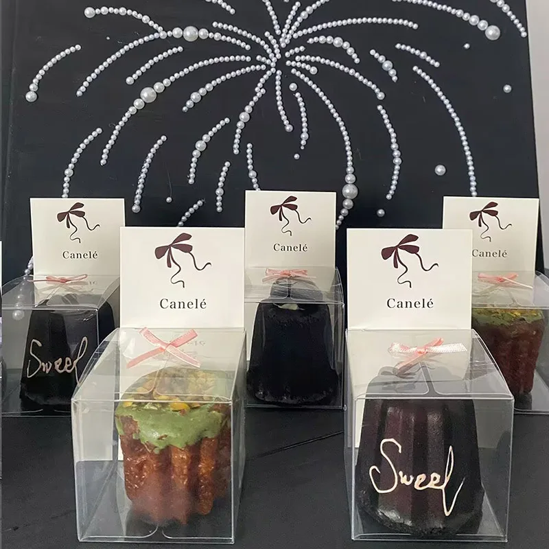 Caja de embalaje Cannele de 50 Uds., cajas de regalo cuadradas de plástico transparente para postre y pastelería, Cajas de regalo Canele individuales con lazo decorativo