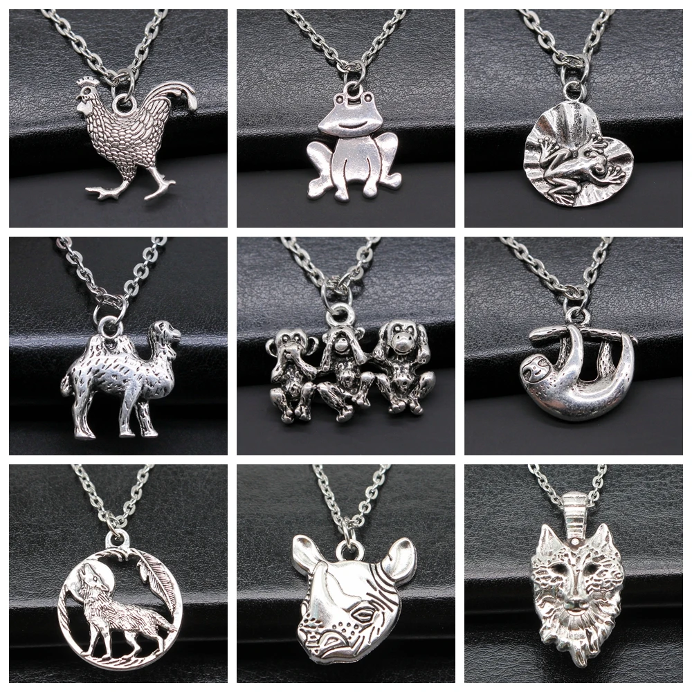 30 Styles Animal Pendant Necklace Antique Silver Color Plated Sloth Monkey Leopard Squirrel Rooster Frog Wolf Rhino Necklace - view 4