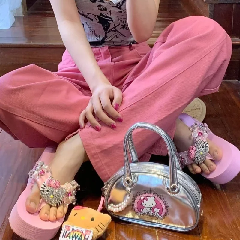 

Sanrio Hello Kitty Flip Flop Sandals Kawaii Summer Y2k Beach Non-Slip Shoes Women Casual Wedge High Heels Platform Slippers Gift