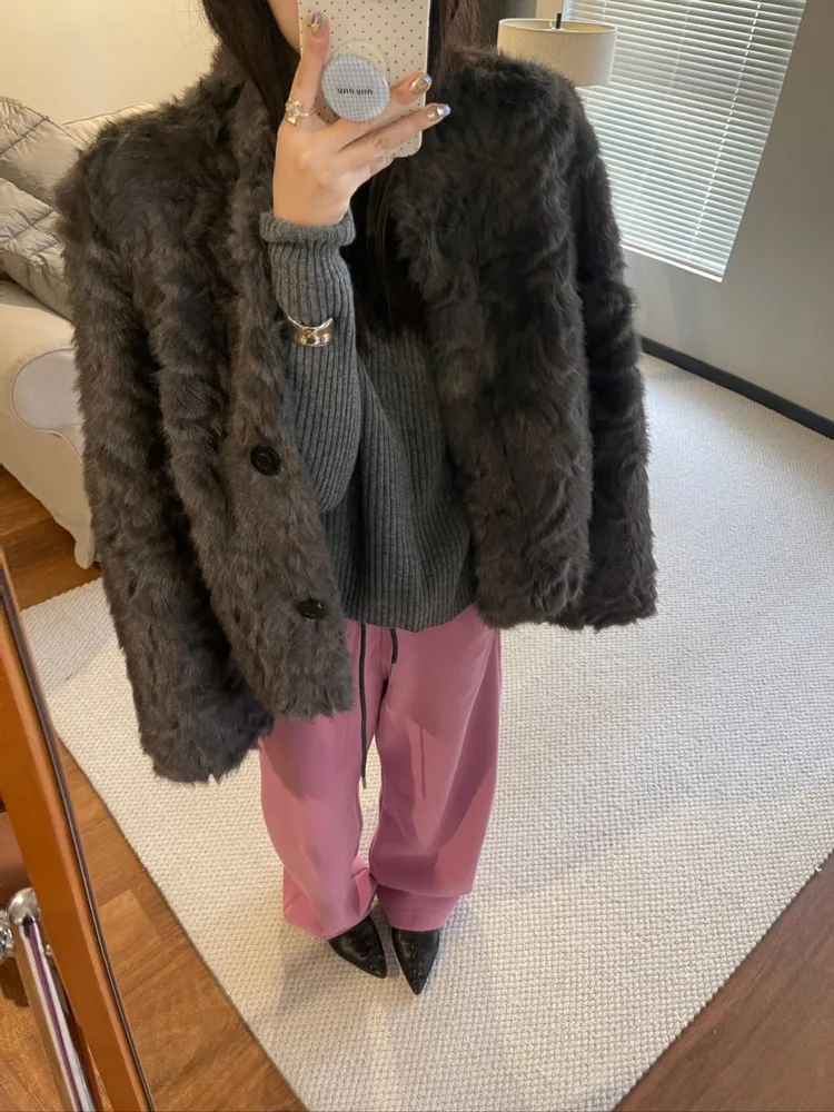 Women Faux Shearling Fur Coats Solid Fur Jackets Cotton Linen V Neck Long Sleeves Single Breasted Loose Fit Casual 2026 Winter