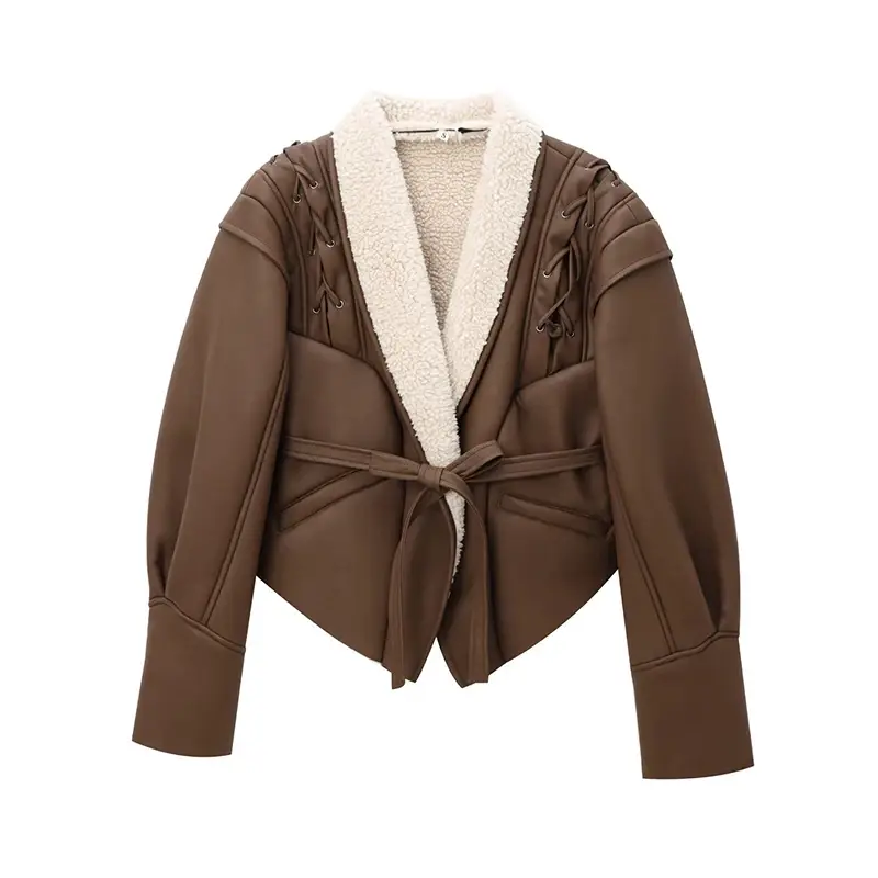 Winter Women Streetwear Parka Faux Lamb Leather Fur Short Jacket with Belt Moto Biker Thick Warm Sheepskin Coat Outwear - Image 5