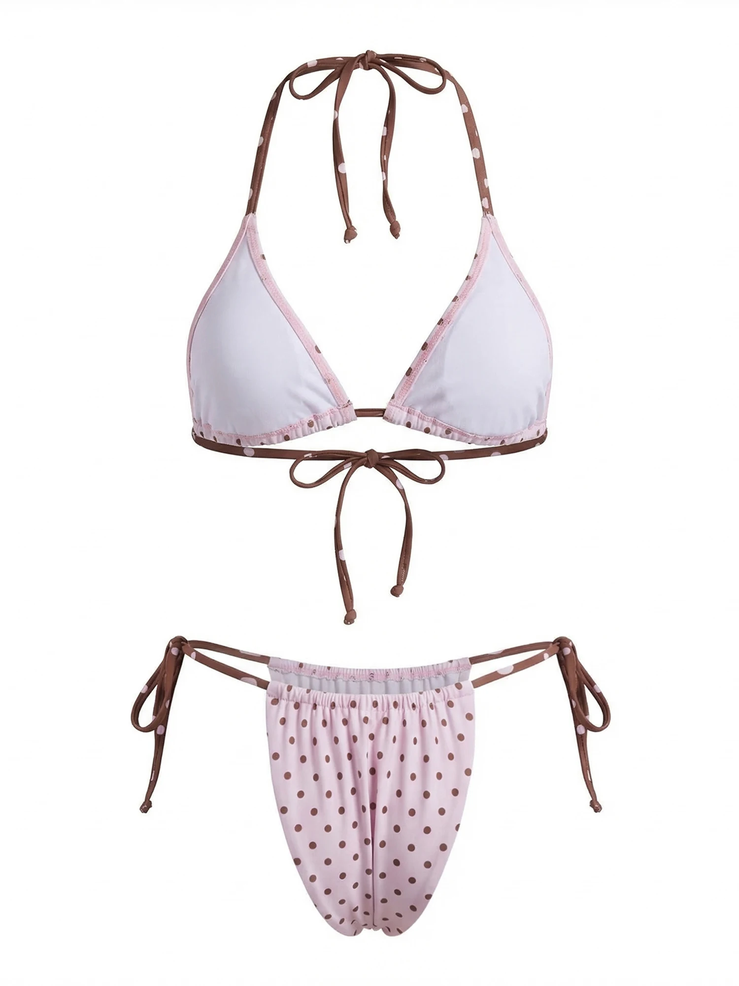 

Women s Polka Dot Print Bikini Set with Tie-Up Halter Neck Sleeveless Padded Bra and Thong Bottoms - Beach Bathing Suit for