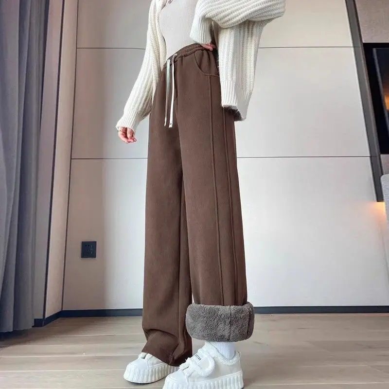 

Lamb Fleece Thicken Warm Women's Trousers Winter Corduroy Windproof Wide Leg Straight Pants High Waist Splicing Warm Daily Pants