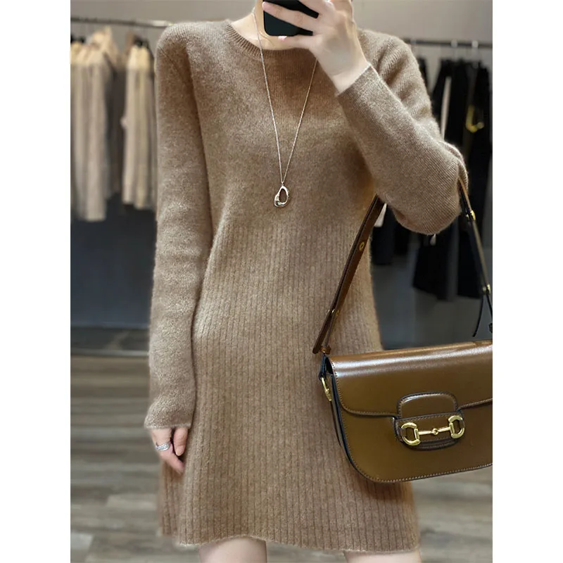 

100% Merino Wool Elegant Knitted Dress Autumn Winter Women's Mid-Length Long Sleeved Dresses Warm Long Sweater Bottoming Skirt
