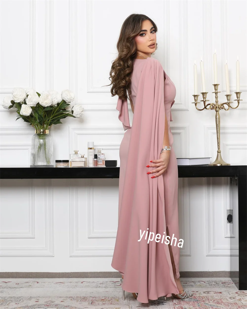 Jiayigong-Robe de Rhen satin de haute qualité, zone de plis, ligne A, col haut, sur mesure, robes mi-longues, occasion