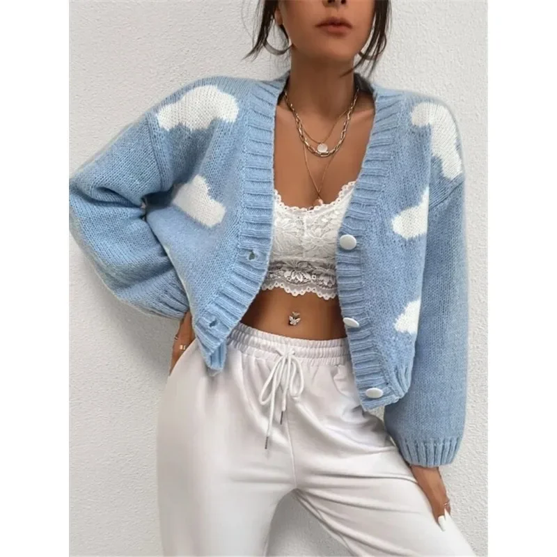 Women\'s Casual Loose Cloud Long Sleeve Knitted Cardigan Temperament Commuting Autumn New Fashion Women V-neck Short Sweater Coat