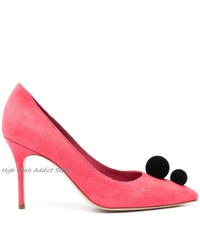 Suede Pointed Toe Hairball Pumps Elegant Shallow High Heels Luxury Designer Stilettos 2024 New Big Size Party Shoes for Women