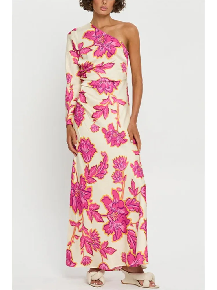 

Fashion Floral Printed Holiday Party Dress 2025 Women Elegant High Waist Long Dress Sexy One Shoulder Long Sleeve Bohemian Dress