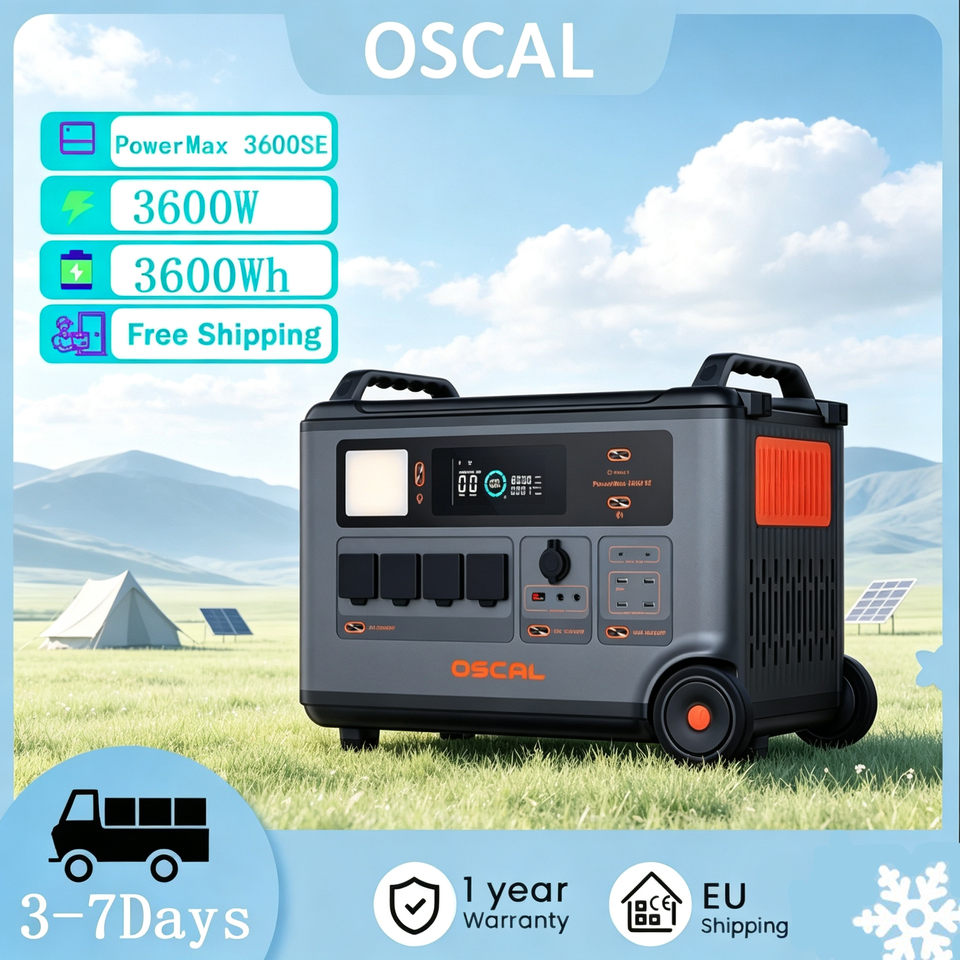 OSCAL PowerMax3600-SE Portable Power Station Solar Generator 3600W 3600Wh LiFePO4 Lithium Battery Pure Sine Wave Solar Input USB-C PD Fast Charging Built-in Pull Rod Easy to Move for Camping Hiking Road Trip Campsite Long Outdoor Activities