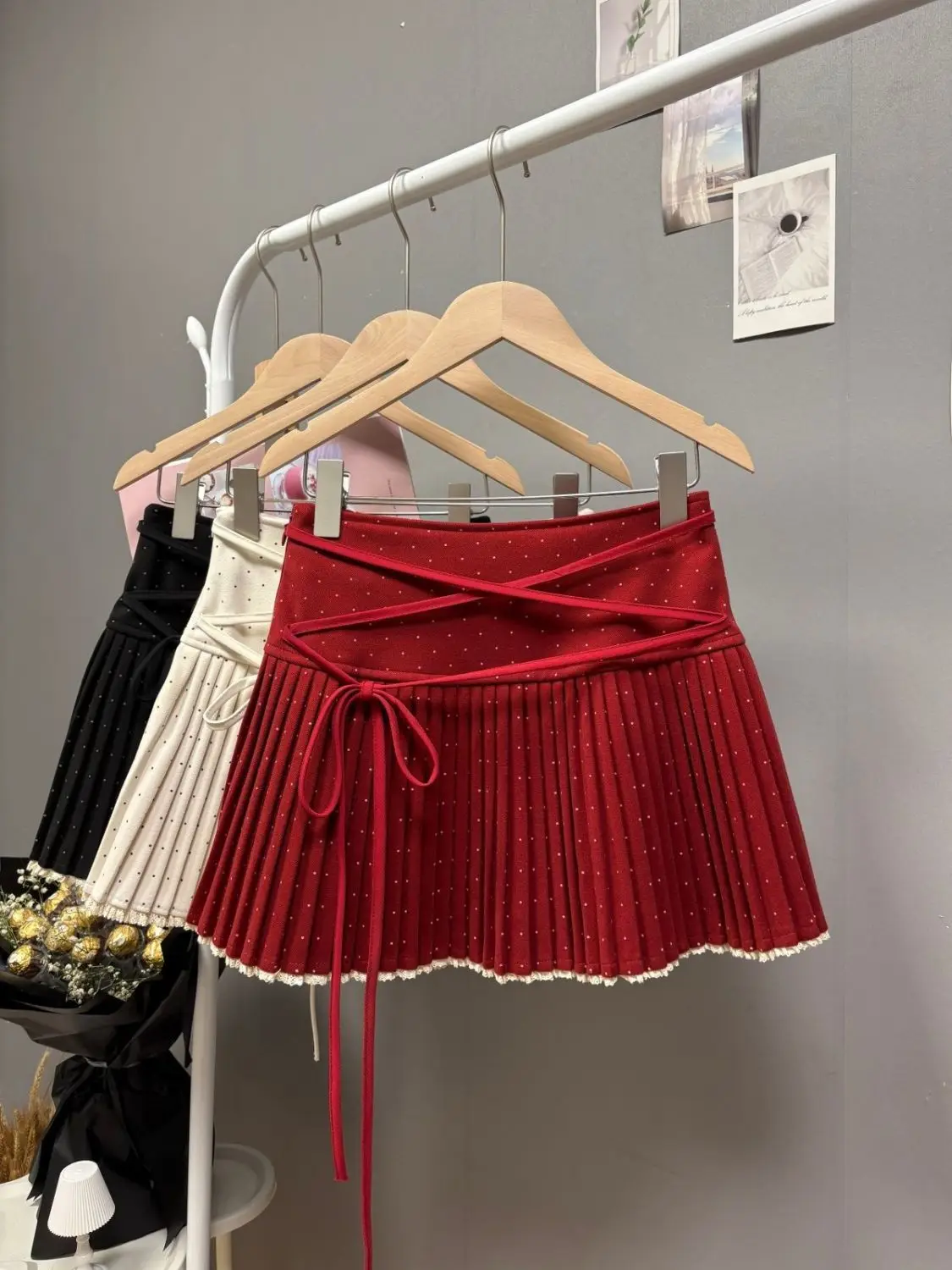 2026 New Polka Dot Cross Strap Pleated Skirt Sweet Lace Up Skirt for Women