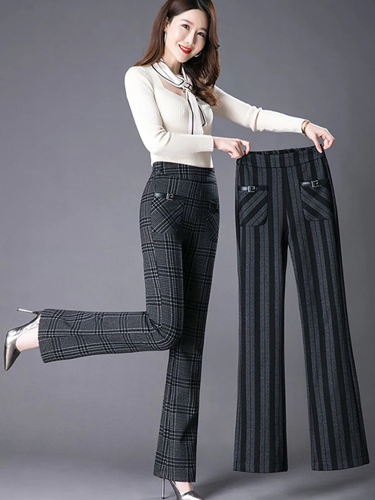 Formal Plush Velvet Lined Plaid Flare Pants Elegant Winter Warm Casual Thicken High Waist Pantalone Office Mom Snow Wear Spodnie