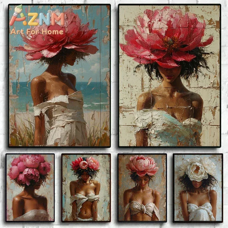 Mulatto Girls Posters and Prints Flowers Head Woman Portrait Wall Art Canvas Painting for Home Living Room Decor Mural Cuadros