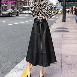 Genuine Leather Skirt Femme High Waist Bow Tie Large Swing Sheepskin Saia Longa Suitable For Women With Wide Hip And Thick Legs