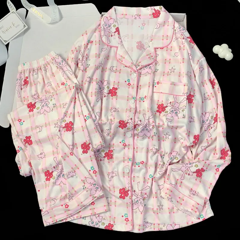 

Mesh sweet cute cartoon pattern ladies pajamas spring and autumn season new long-sleeved small lapel homewear two-piece suit