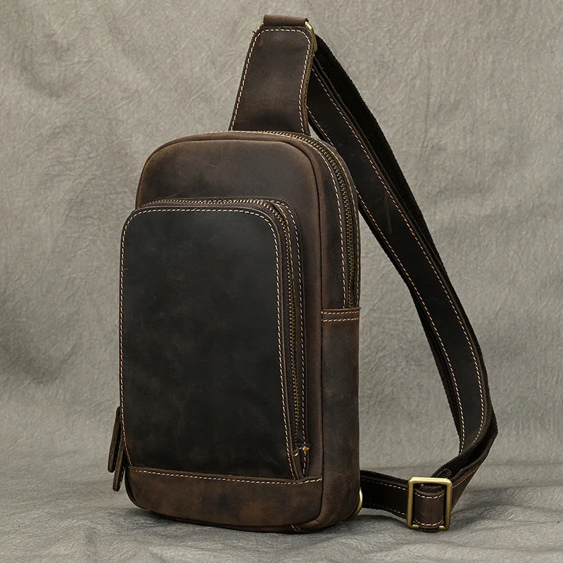 

Casual Men's Leather Chest Bags Outdoor Sling Single Shoulder Crossbody For Mini Ipad Phone Pack Male