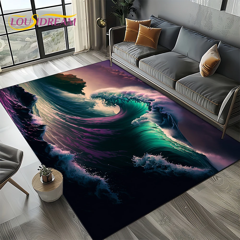 2025 New Style Blue Green Sea Wave Seawater Nature 3D Carpet Rug for Living Room Bedroom Home Sofa Decoration,Non-slip Floor Mat