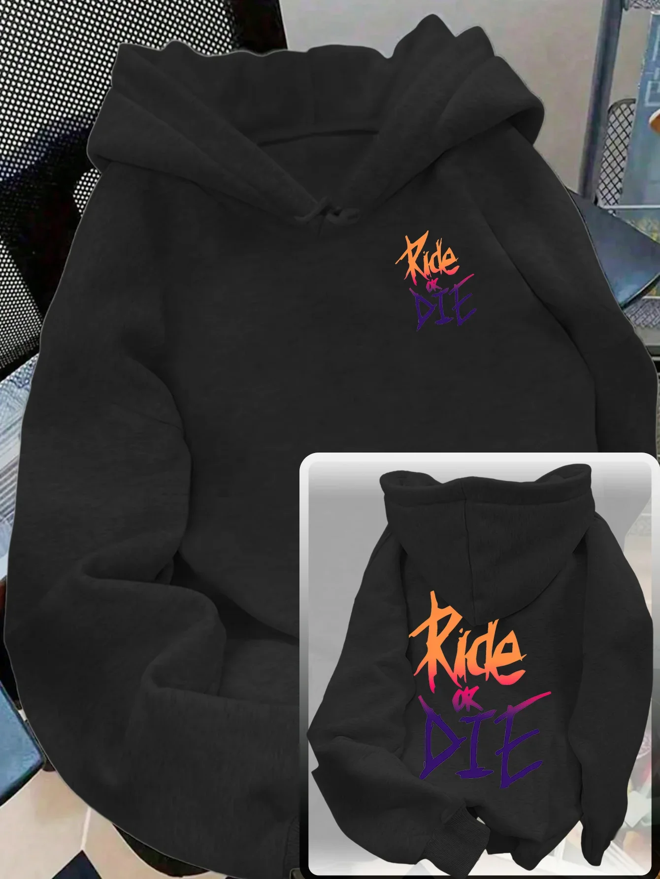 Men's Orange-Purple Gradient Graffiti Hoodie, Autumn/Winter Fleece-Lined Double-Sided Printed Loose Pullover Sweatshirt