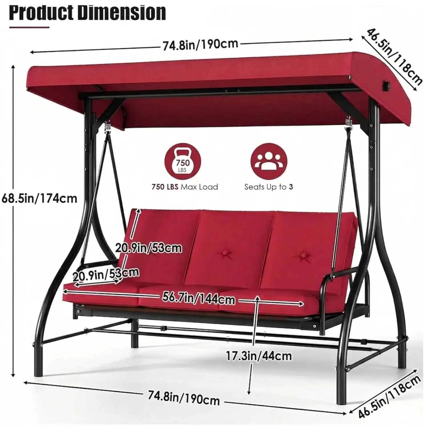 3-Seat Outdoor Patio Porch Swing with Adjustable Canopy & Backrest, Convertible Glider Bed with Stand, Removable, Customized