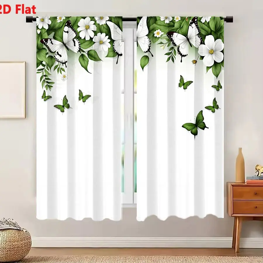 2Pcs Curtains 2D Flat Digital Illustration Decorative Border Flora Fauna Green Foliage White Flowers Black Marked Butterflies Wi