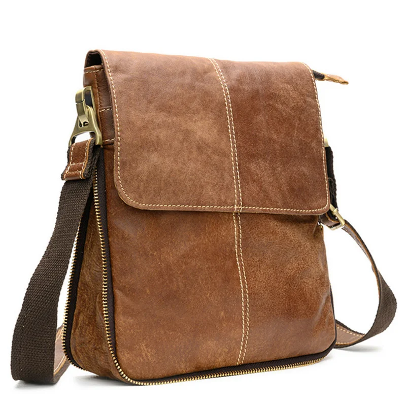 Natural Cow Leather Flap Bag Men's Messenger Bag Vintage Genuine Leather Casual Men Stitched Shoulder Bag Bolsas de hombro