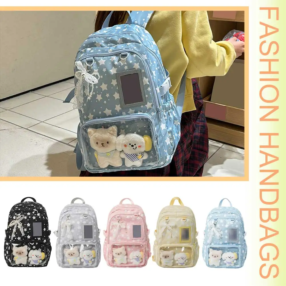 Women Nylon Star Travel Backpack Large Capacity Pin Display Ribbon Ita Bag Adjustable Strap for Shopping Work Dating Use
