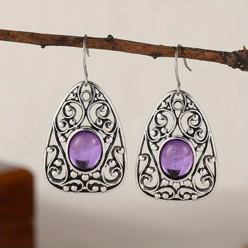 Silvery Vintage Metal Carved Hollow Pattern Pendant Earrings Set with Oval Purple Gemstone Women\'s Ethnic Style Accessories