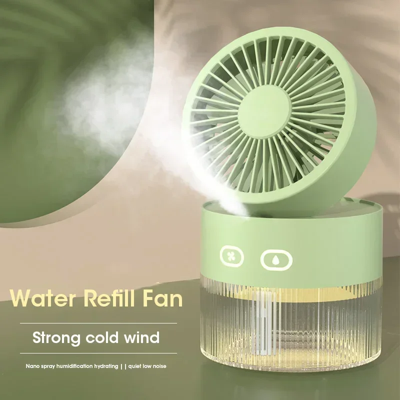 Kipas Semprot Pelembap Udara Baru Musim Panas 2024 Kipas Kabut Air Peralatan Rumah Tangga Desktop Mini Berpendingin Air USB Portabel dengan Lampu LED