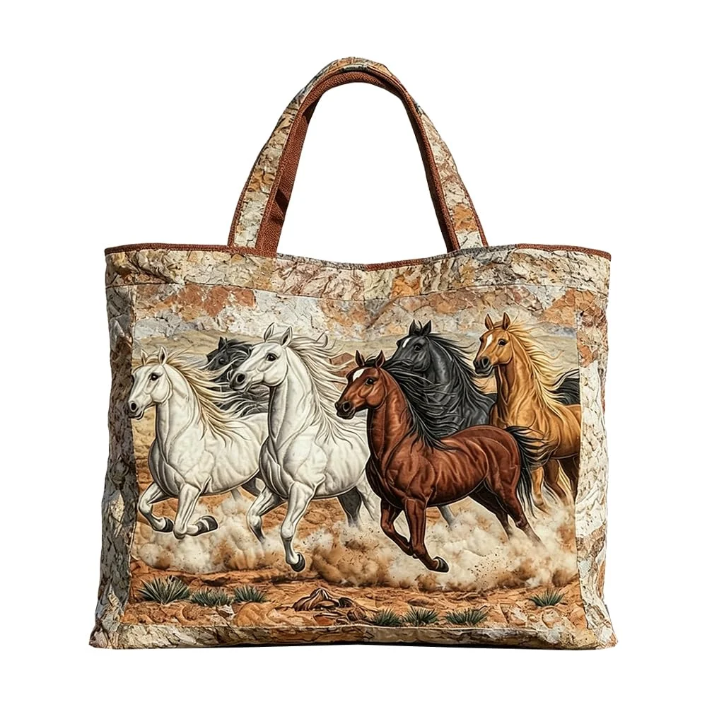 

Vintage Western Running Horses Quilted Tote Bag Large Capacity Shoulder Bag Reusable Grocery Shopping Travel Daily Handbag