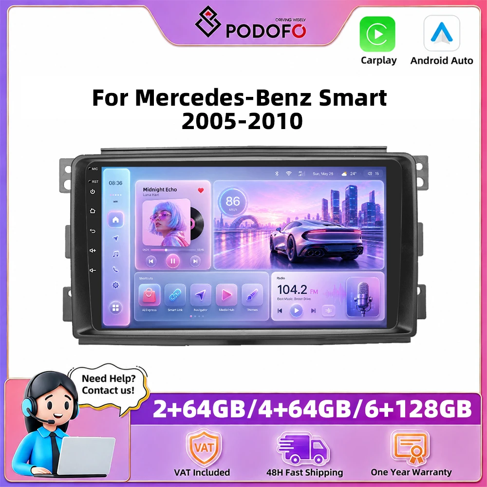 Podofo – autoradio 9 pouces pour Mercedes-Benz Smart 2005-2010, Carplay sans fil, Android Auto, systèmes de voiture intelligents, navigation GPS, lecteur multimédia, MirrorLink, BT, WIFI, unité principale