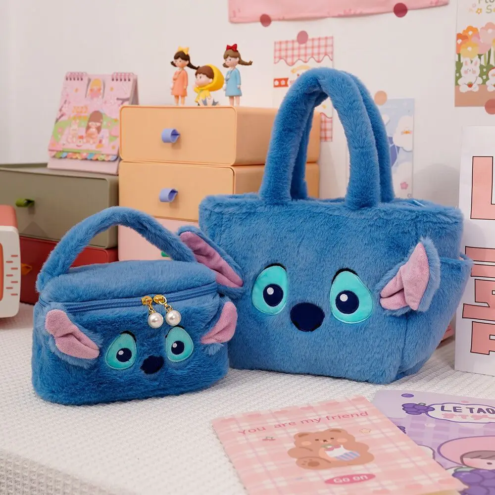 Disney Stitch Cosmetics Bag Handbag Large Capacity Makeup Storage Bag Box Portable Cartoon Anime Plush Handbag Girls Gifts