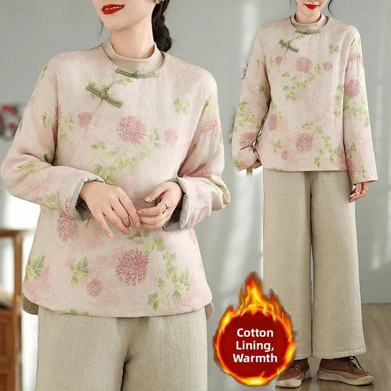 

High-End Winter Short Cotton Jacket Chinese Style Retro Side Button round Neck Buttoned Cotton Inner Short Top Beauty Print