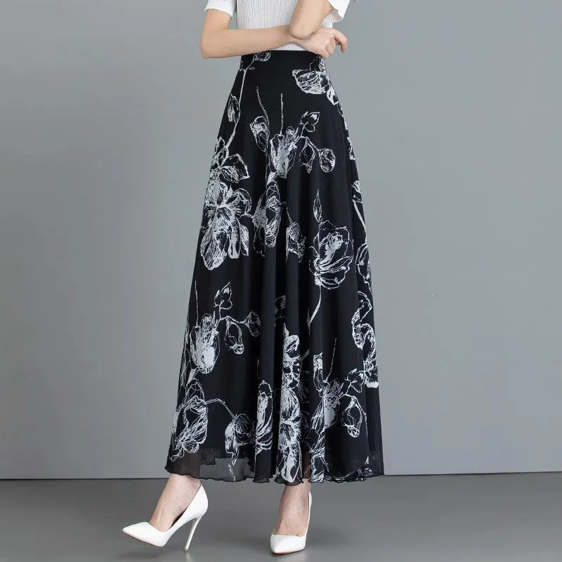 2024 Summer New Retro Black White Printed Chiffon Skirt Female High Waist A-line Long Skirt Large Flower Skirts for Women