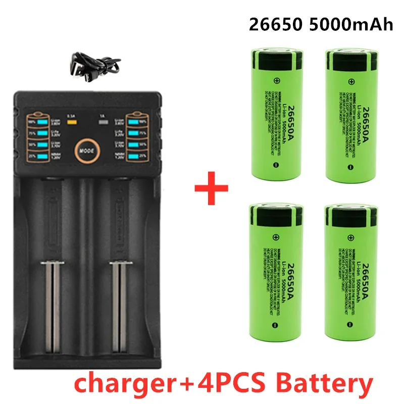 100% New Original high quality 26650 battery 5000mAh 3.7V 50A lithium ion rechargeable battery for 26650A LED flashlight+charger