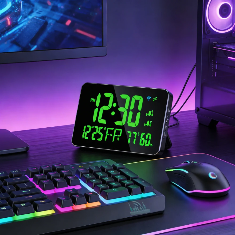 LED Digital Desktop Clock WiFi Calendar Temp Humidity Date Display Mirror Timer for Student Bedside Smart Alarm Clock Gifts