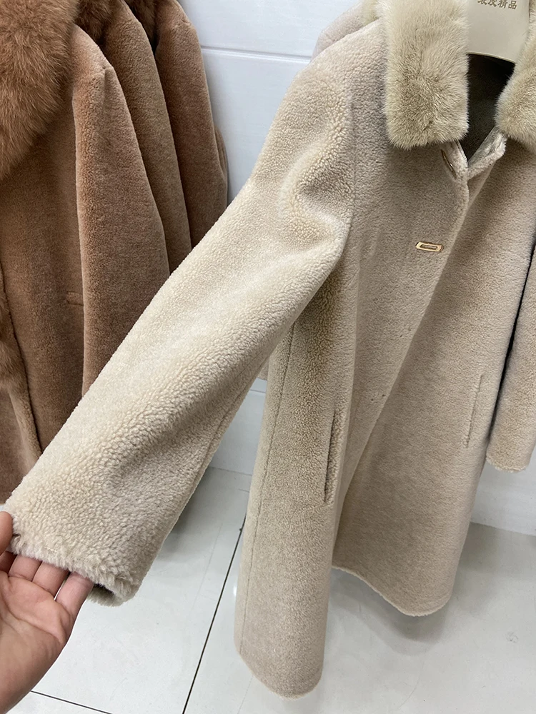 النساء الشتاء الجمل 100% الأغنام الفراء سترة طويلة معطف فرو المنك الحقيقي طوق طويل الصوفية شتاء دافئ ملابس خارجية