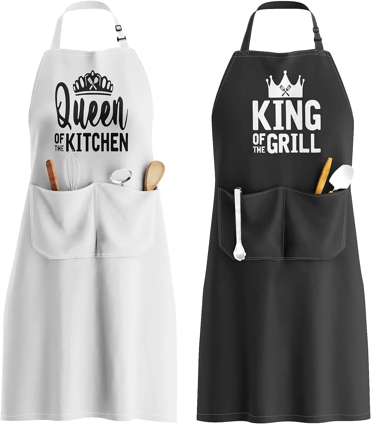 

King & Queen Apron Set, Matching Couples Kitchen Aprons with Deep Pockets, Waterproof Cooking Gear for Wedding Engagement Gift