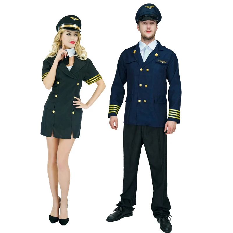 Lovers Pilot Costumes Adult Halloween Women Air Hostess Fancy Dress Men Airline Uniform Cosplay Couple Clothing