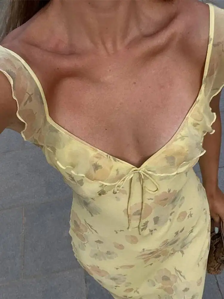Vestido largo elegante con cuello en V y estampado de flores para mujer, vestido amarillo sin mangas con volantes y cintura alta, batas ajustadas para fiesta y vacaciones de verano 6OI5