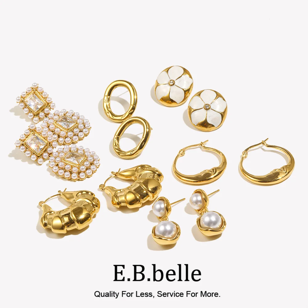 E.B.belle New Round Shape Full Pearl Zircon Flower Earring Luxury 18K Gold Plated Stainless Steel Statement Jewelry