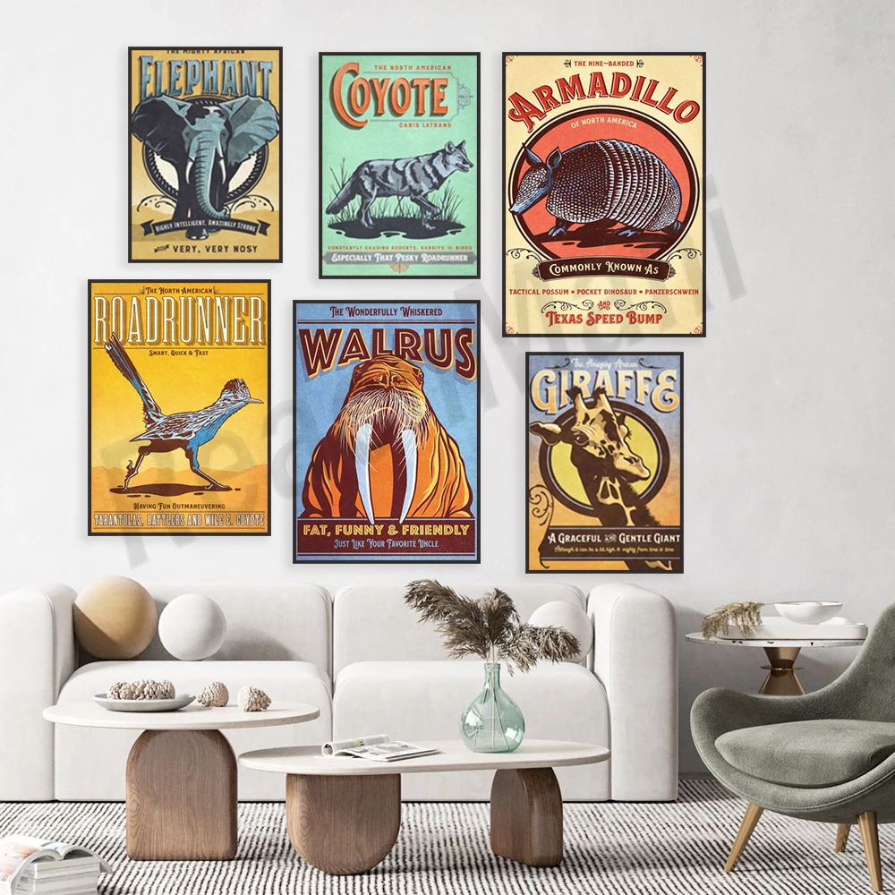 Beaver, elephant, giraffe, walrus, grizzly bear, gray fox, nine-banded armadillo, roadrunner, coyote American animals poster