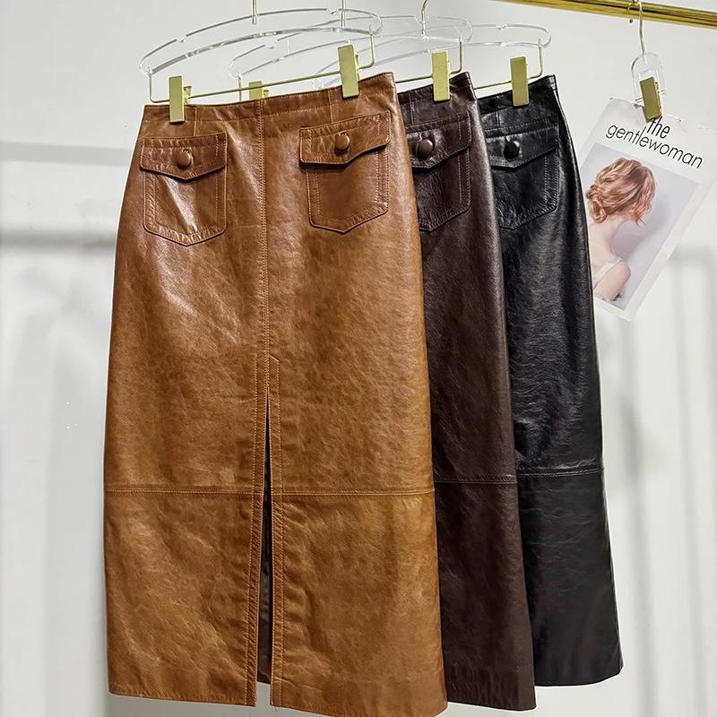 Coffee/Purple Skirts Trend 2025 Women Imported Oil Wax Sheepskin Casual Straight Front Split  Real Leather Midi Skirt Jupe Femme