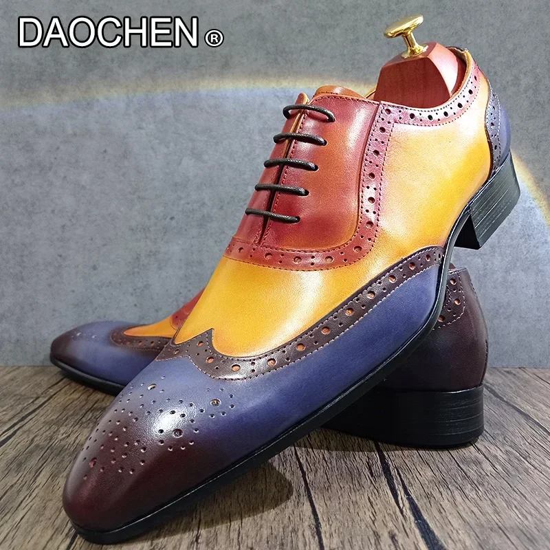 FASHION DESIGNER MEN LEATHER SHOES LACE UP POINTED MIXED COLOR CASUAL DRESS MAN SHOE WEDDING OFFICE OXFORD SHOES FOR MEN