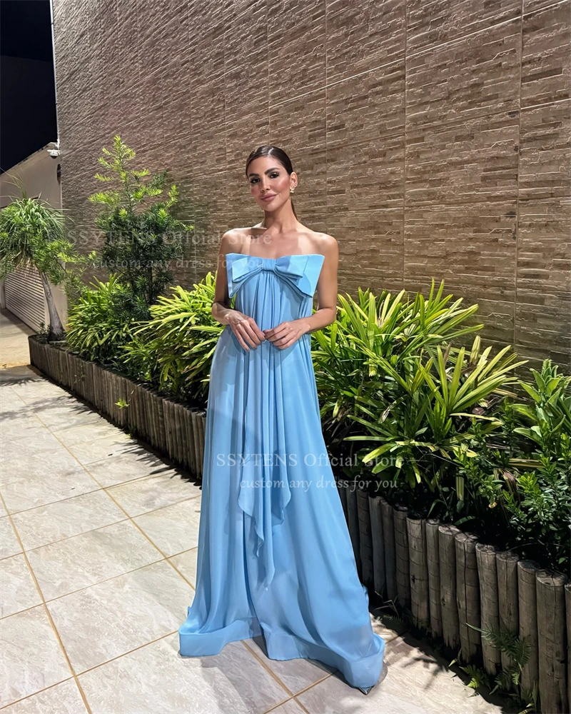 SSYTENS エレガントなブルーシフォンイブニングドレスストラップレスロングパーティードレス弓ノースリーブウェディングウエディングドレス 2026 カスタマイズ