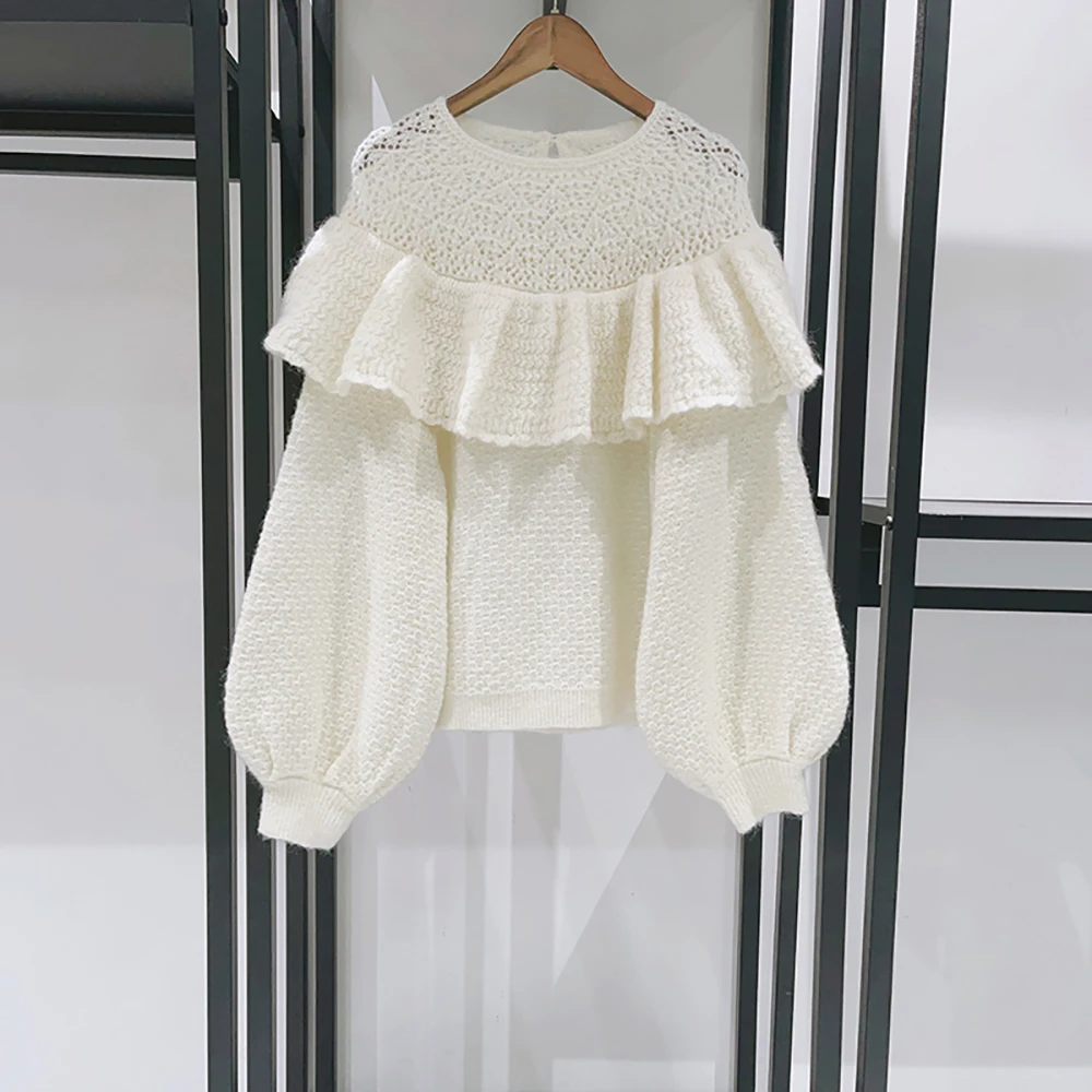 

Wool-Mohair Blend Women's Sweater, Cape-Style Ruffled Lace-Up Crochet Round Neck Long Sleeve Knit Top Pullover Spring 2026 New