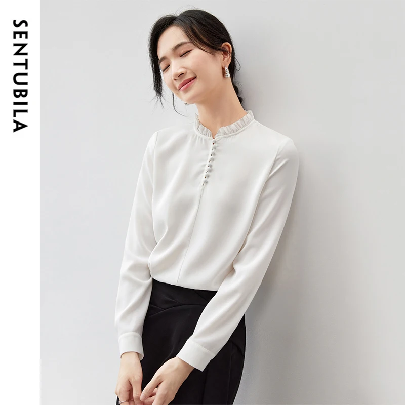 SENTUBILA Women\'s White Blouse 2024 Autumn Casual Loose Chiffon Stand-up Collar Long Sleeve Elegant Solid Women Tops 143V56666