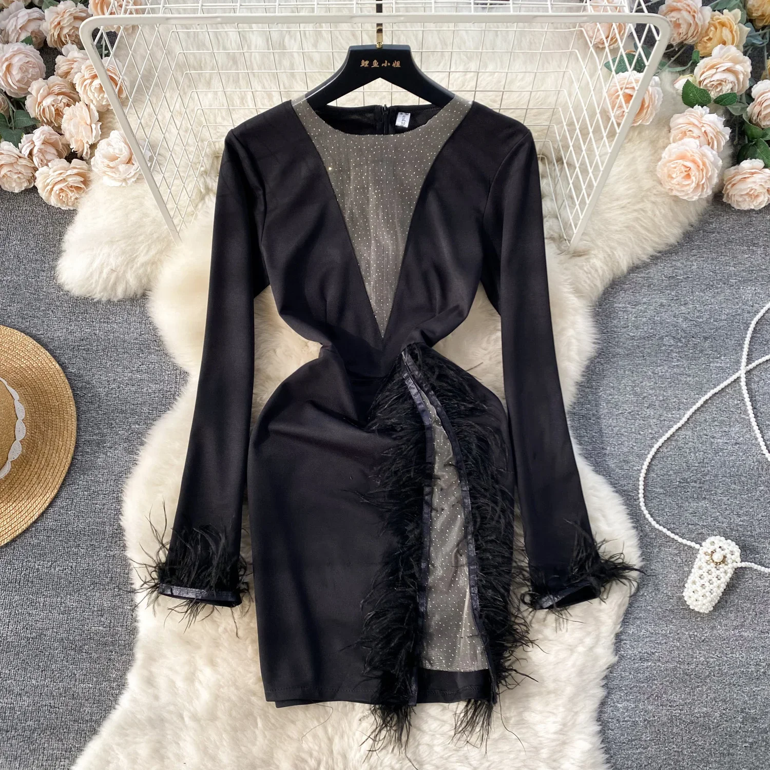 Elegancka rozdzielona sukienka seksowna sukienka wieczorowa szata na imprezę kobiet w stylu Vintage z długimi rękawami obszyta sukienka