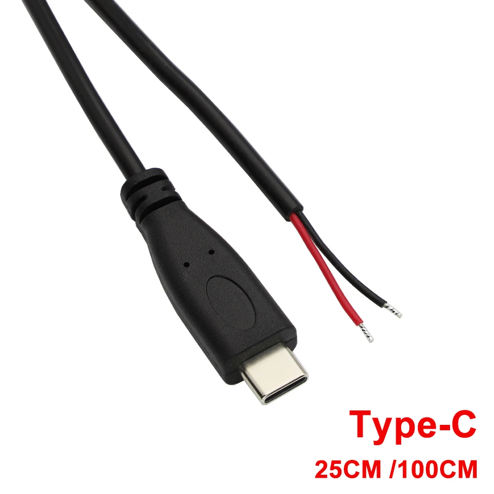 0.25/1M USB C to 2 Pin Bare Wire Open End Power Cable Charger Connector Type C Male Plug Pigtail Cable Cord 22AWG Repair DIY