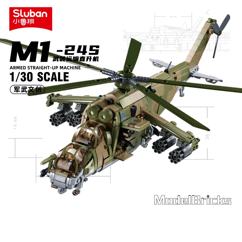 

2024 Sluban WW2 Military Russia Air Weapon Mi-24 Attack Helicopters Hind Model Building Blocks Classics Fighter Bricks Plane Toy