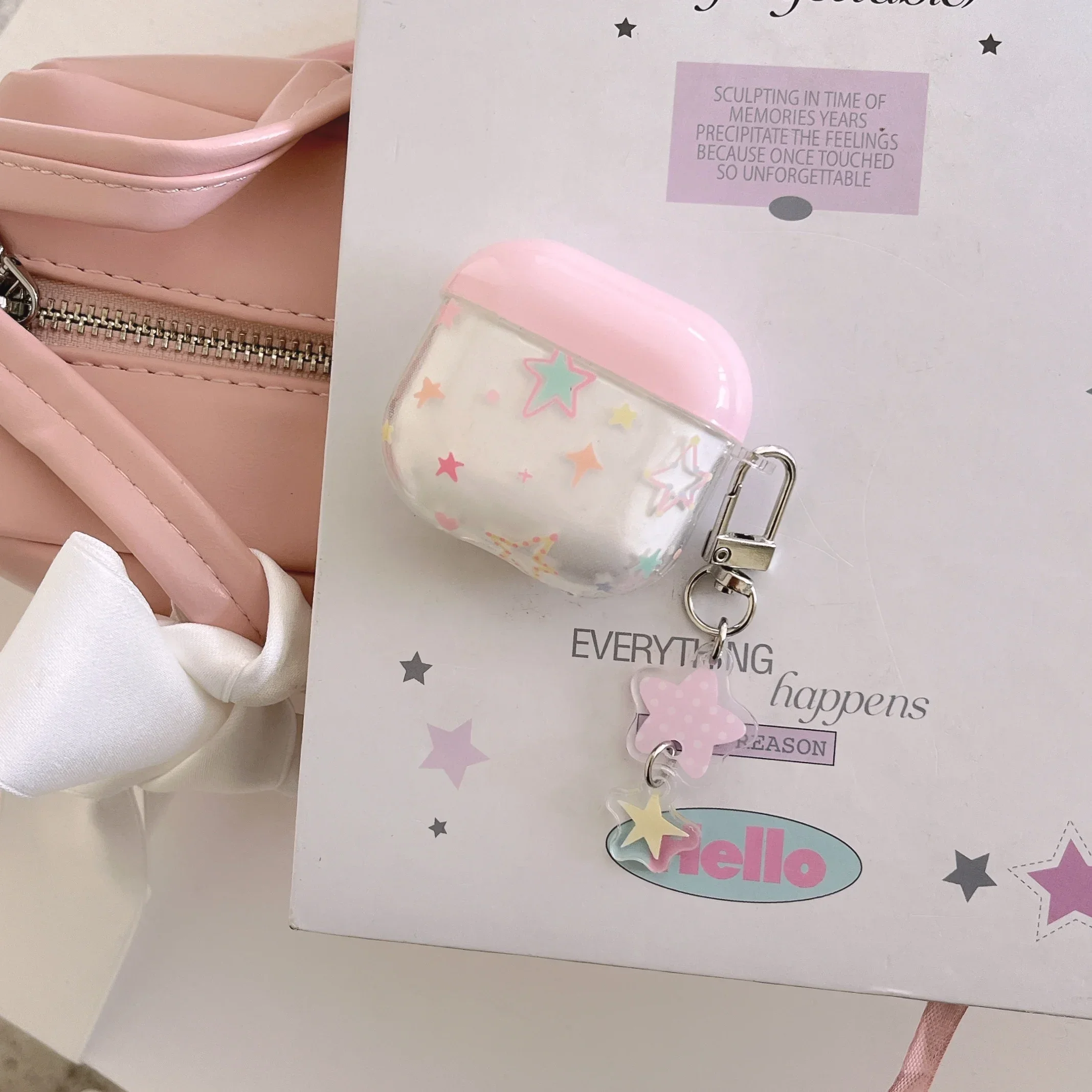 

Korean Cute Colorful Stars Transparent Earphone Case with Stars Pendant and Pink Ring Cover for AirPods 1 2 3 4 Pro Pro2